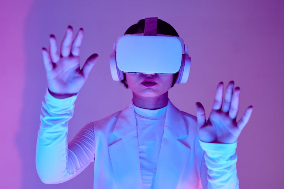 Woman in white long sleeves using virtual reality headset in a conceptual studio shoot