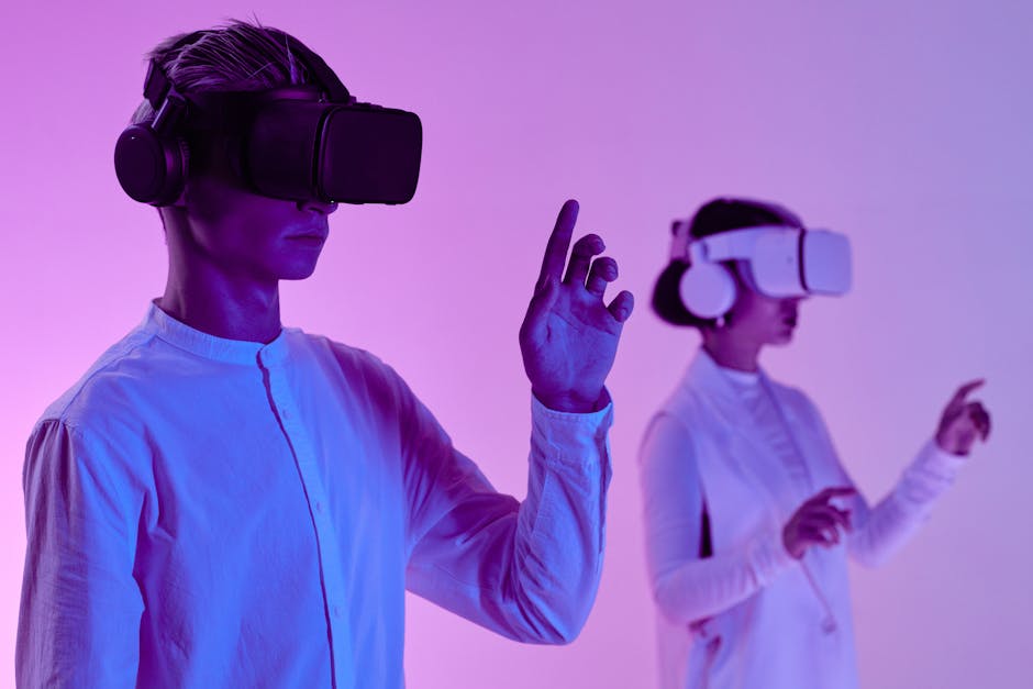 Two people engage in a futuristic virtual reality simulation
