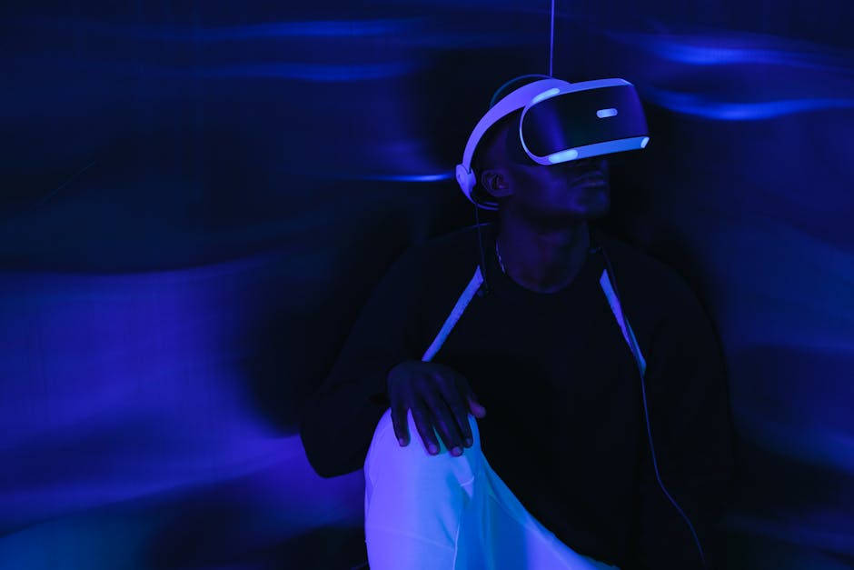 Man exploring a virtual world with a VR headset in a futuristic setting